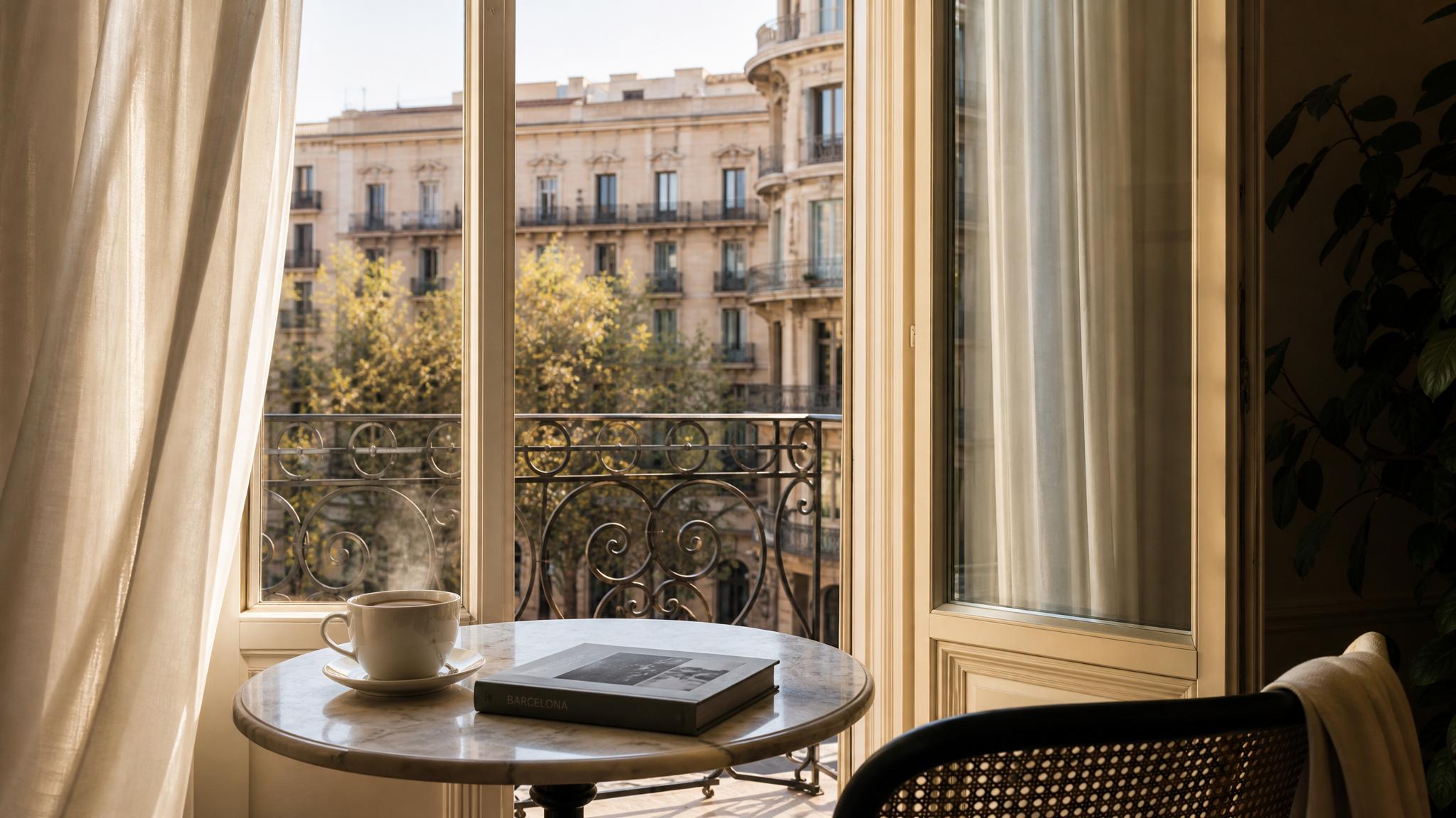 Coffee beside an open apartment window overlooking Barcelona, inspired by a thoughtful Barcelona travel guide.