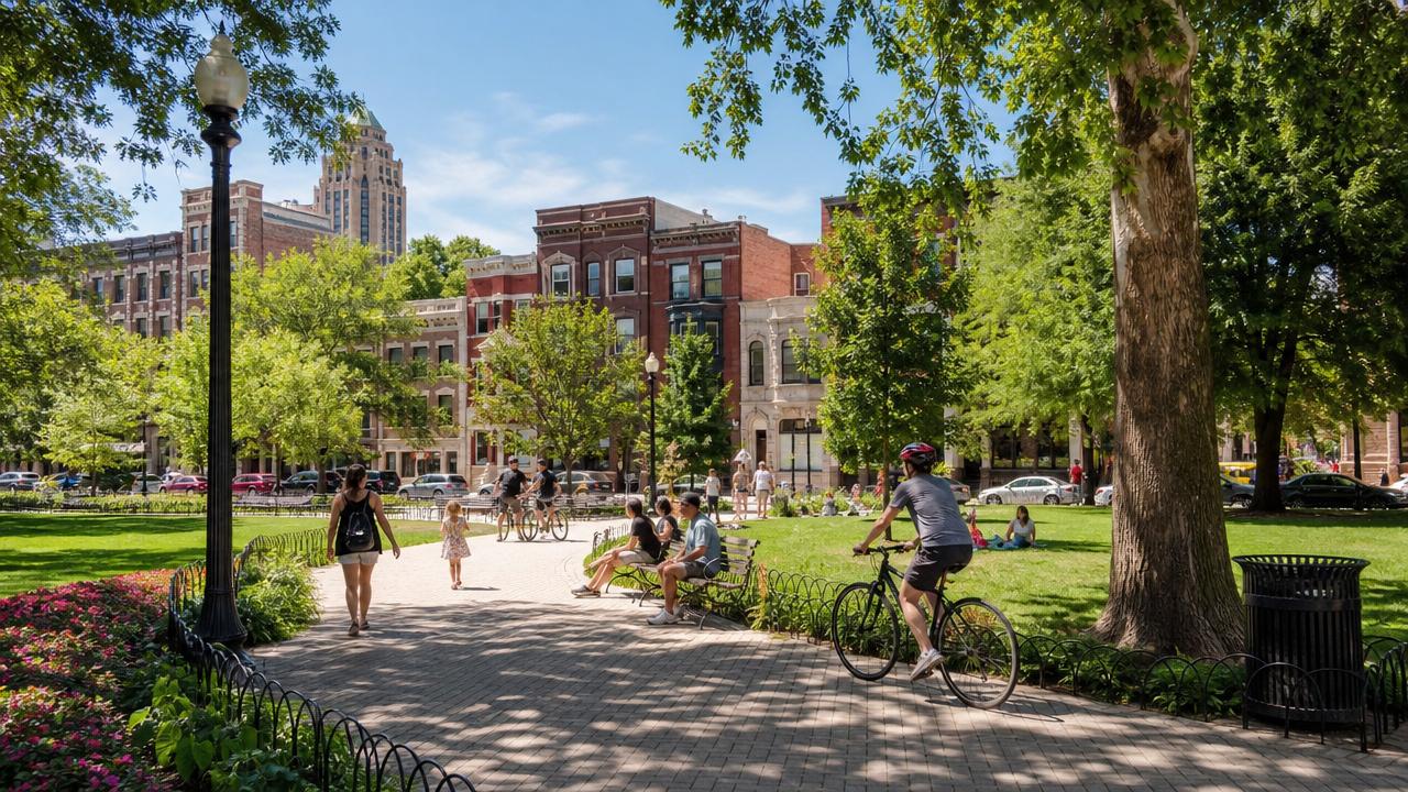 Walkable Chicago neighborhood park showcasing the best neighborhoods to stay in Chicago.
