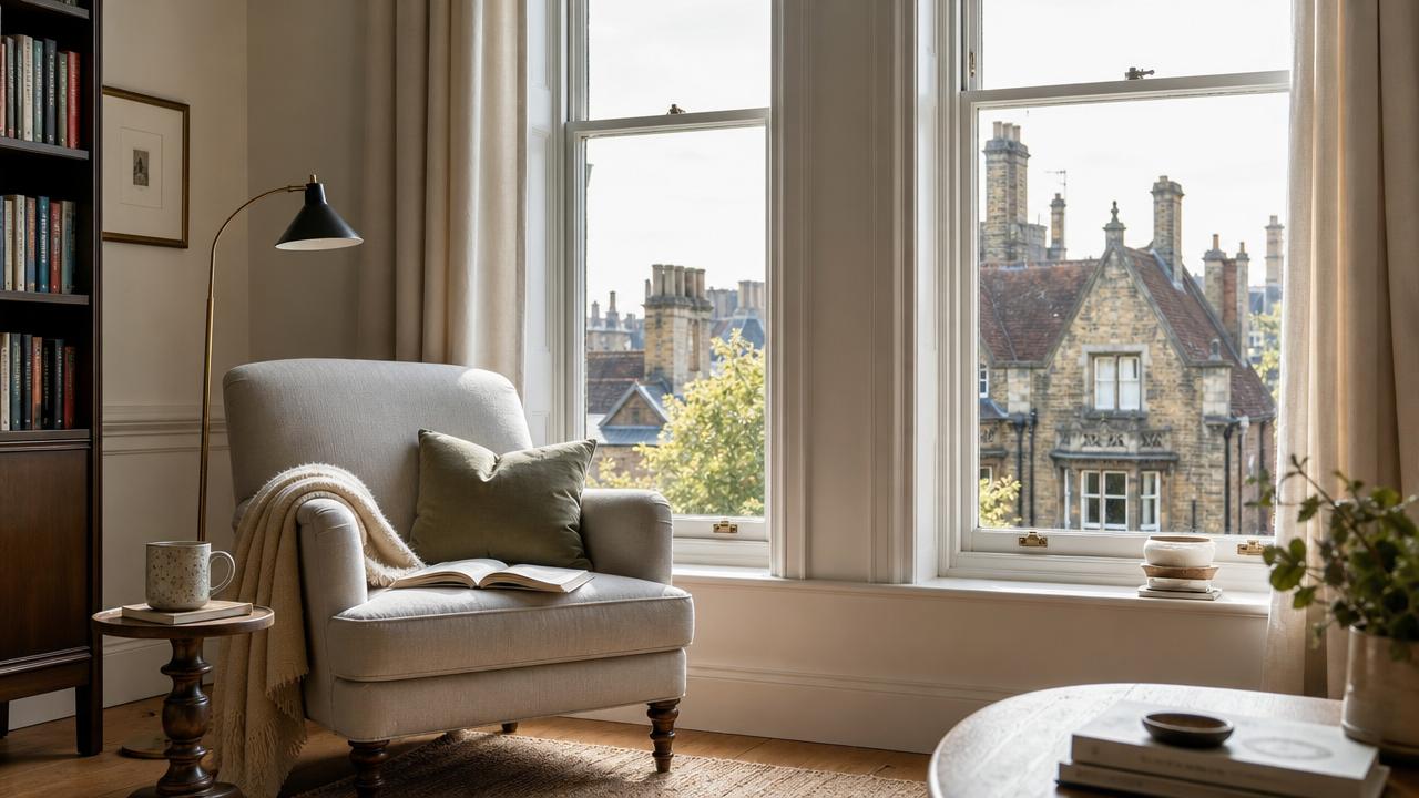 Comfortable long-stay apartment interior designed for travelers following a Cambridge travel guide.