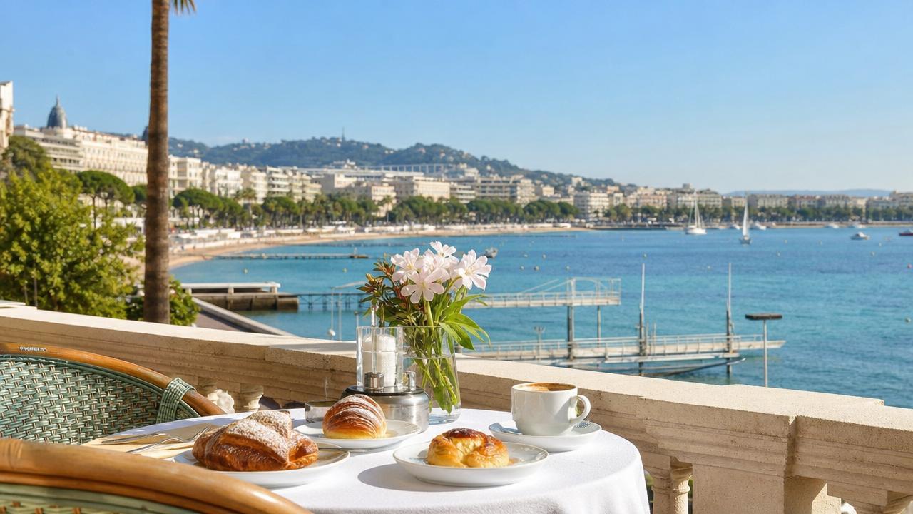 Seafront café terrace overlooking Cannes Bay, reflecting the relaxed lifestyle of Cannes beach stays.