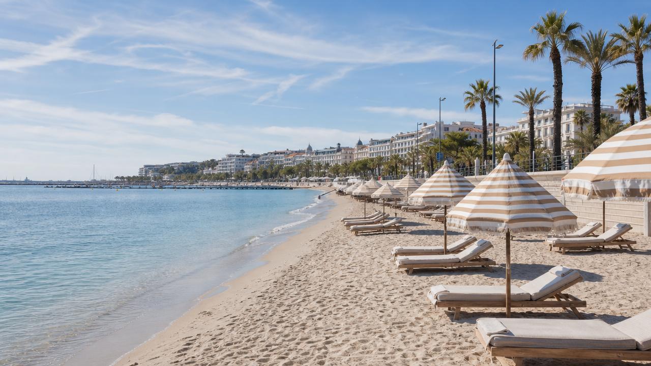 Quiet beach along the Cannes coastline with turquoise water and relaxed seaside atmosphere for Cannes beach stays.