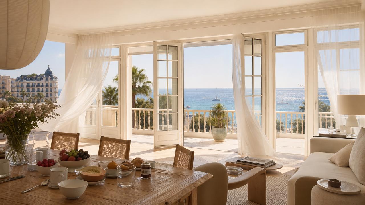 Light-filled Cannes apartment overlooking the Mediterranean, showcasing elegant Cannes beach stays.