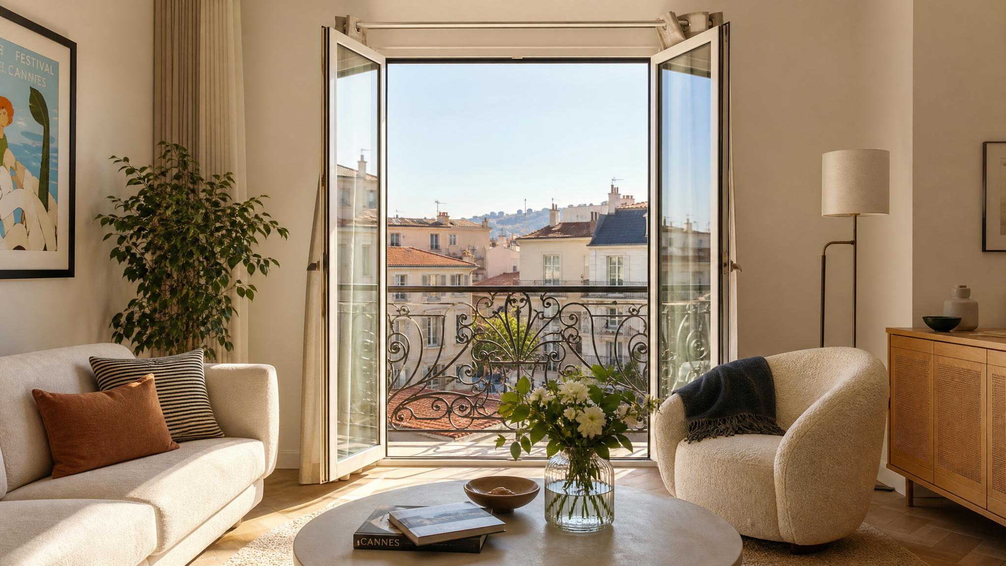 Light-filled apartment overlooking residential Cannes rooftops, inspired by a neighborhood-focused Cannes travel guide.