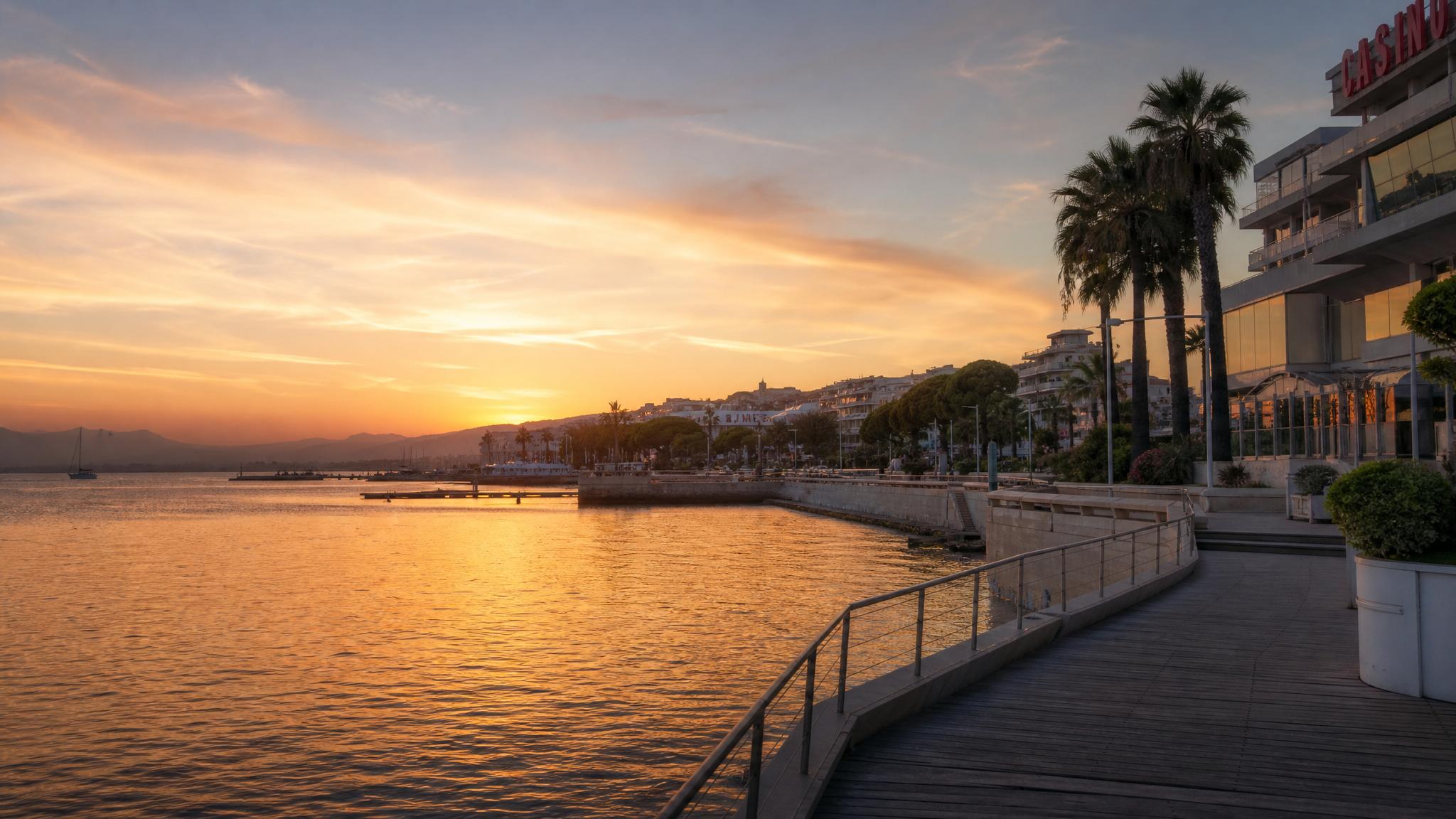 Golden-hour waterfront scene after crowds have departed, capturing the atmosphere of a slower Cannes travel guide.