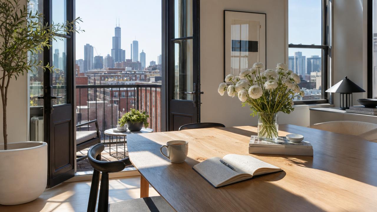 Light-filled Chicago apartment with balcony views, introducing a thoughtful Chicago city guide.