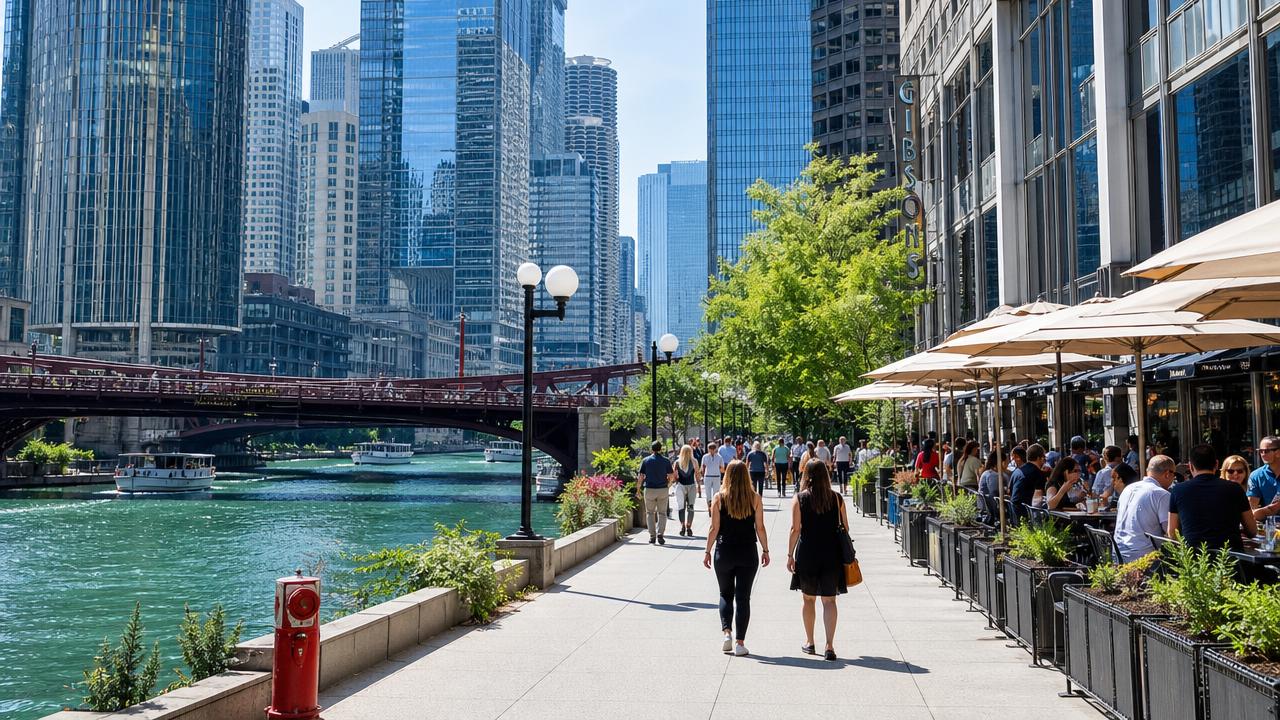 Chicago Riverwalk on a sunny afternoon during a memorable Chicago weekend getaway.