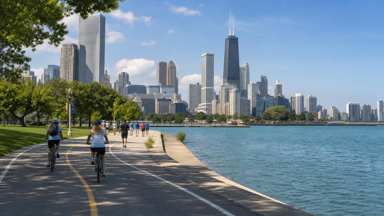 Lakefront Trail with Chicago skyline views, highlighting a relaxing Chicago weekend getaway.