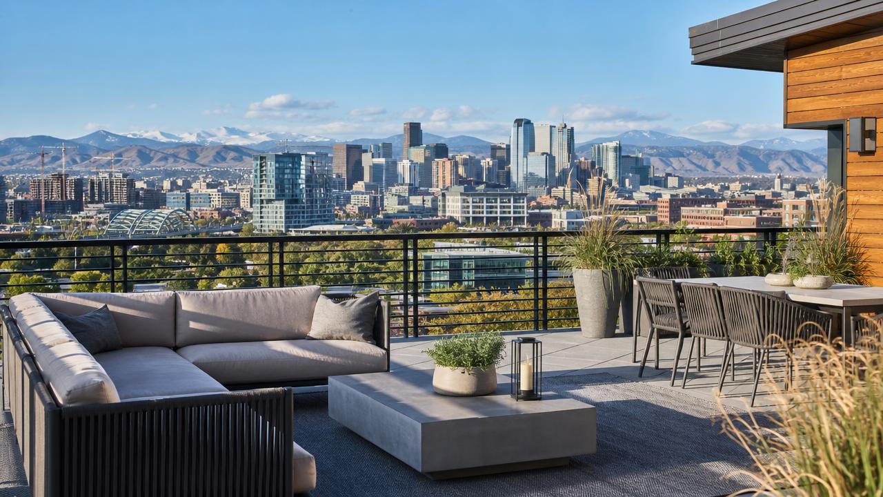 Outdoor Denver terrace with skyline and mountain views, capturing the spirit of a Denver travel guide.