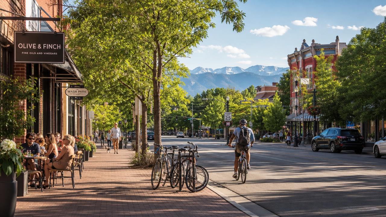 Walkable Denver neighborhood with cafés and mountain views, ideal during a Denver work trip.