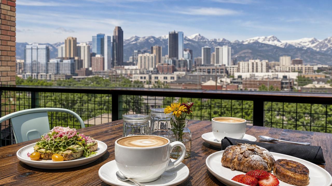 Outdoor café in Denver with mountain scenery, blending work and leisure on a Denver work trip.