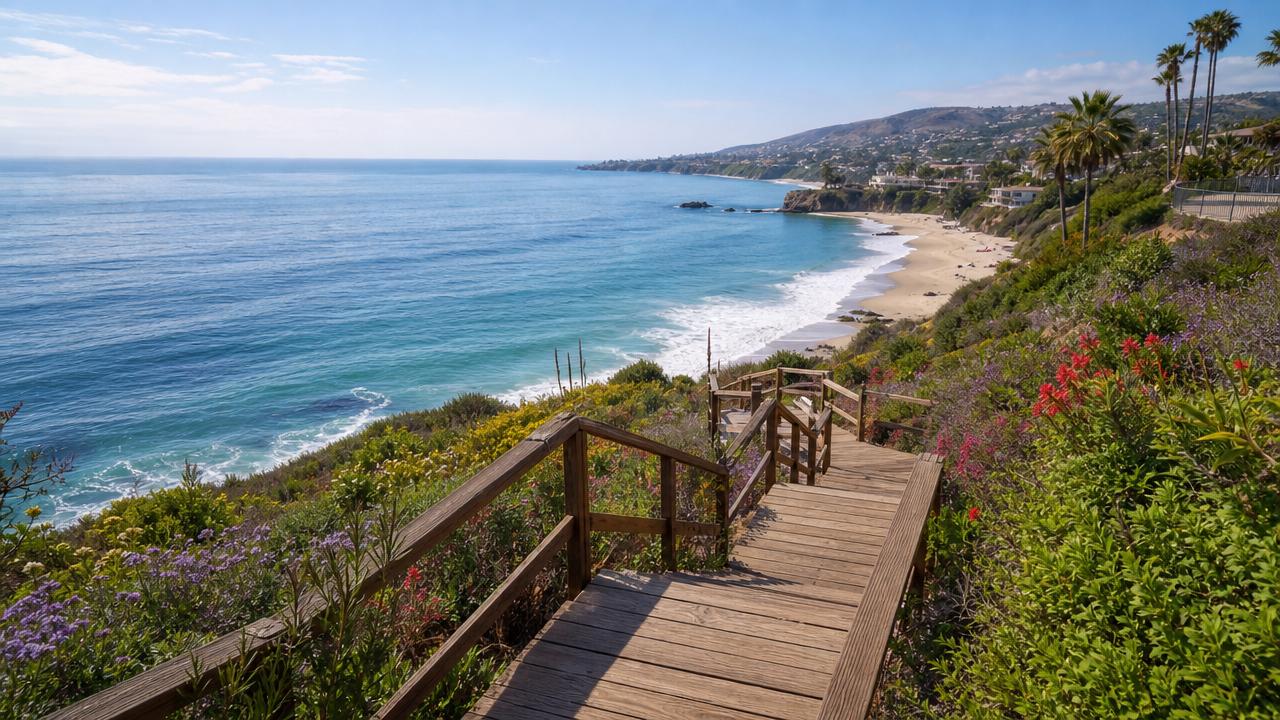 Wooden staircase leading to the beach in Laguna Beach during a coastal weekend getaway.