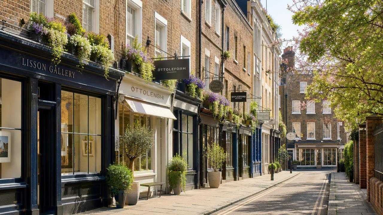 Historic London street lined with boutiques and galleries, representing London's diverse neighborhoods.