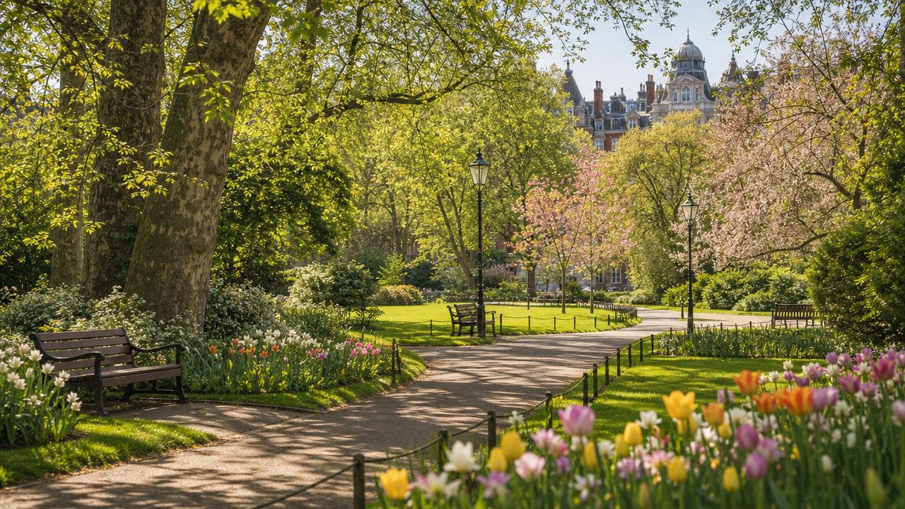 Peaceful London park on a sunny afternoon, capturing the slower pace of this London travel guide.