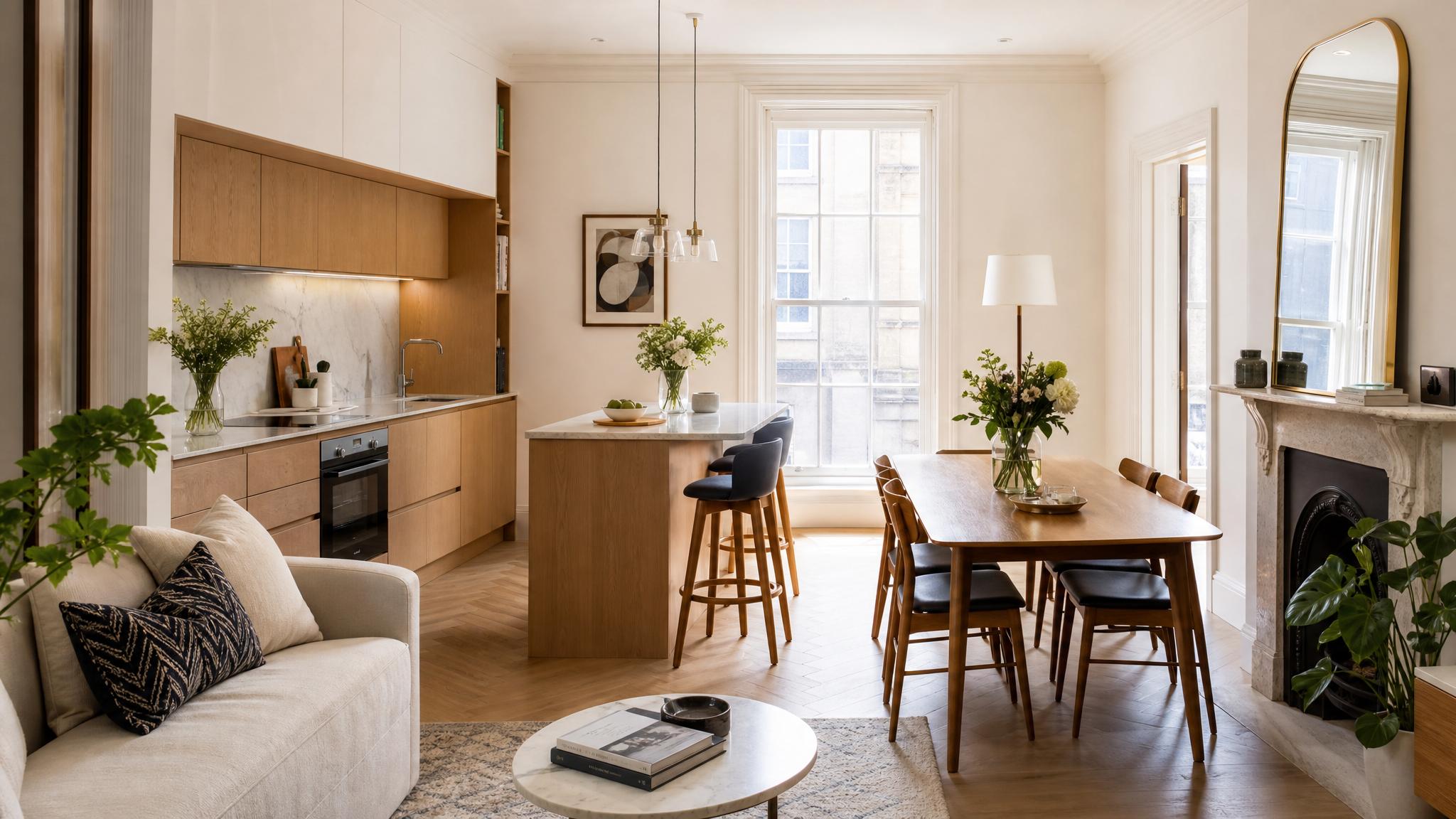 Bright residential kitchen and dining space designed for long stay apartments in Cambridge.
