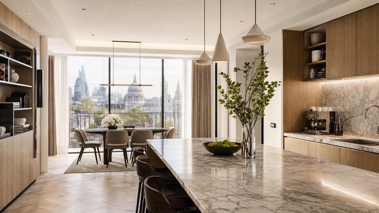 Design-forward London apartment kitchen with natural light, ideal for luxury aparthotels in London.
