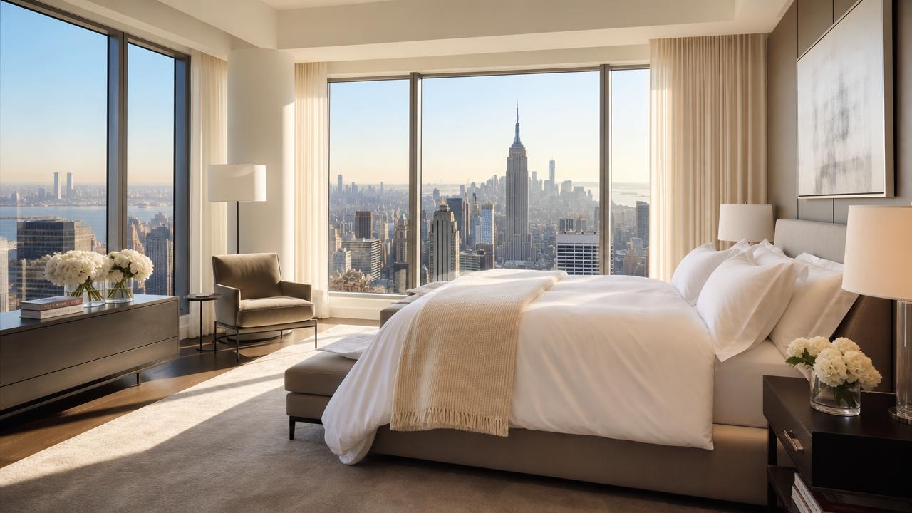 Elegant apartment bedroom overlooking the New York skyline.