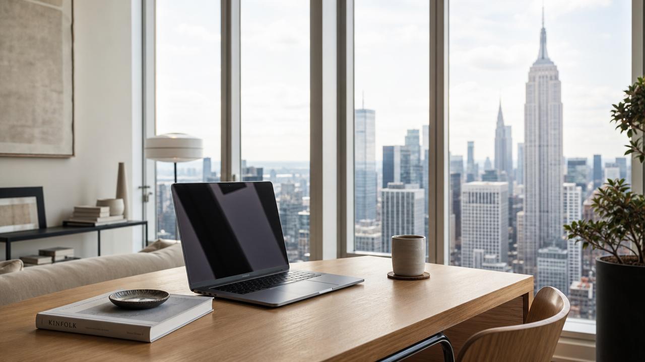 Bright apartment workspace designed for luxury aparthotels in New York.