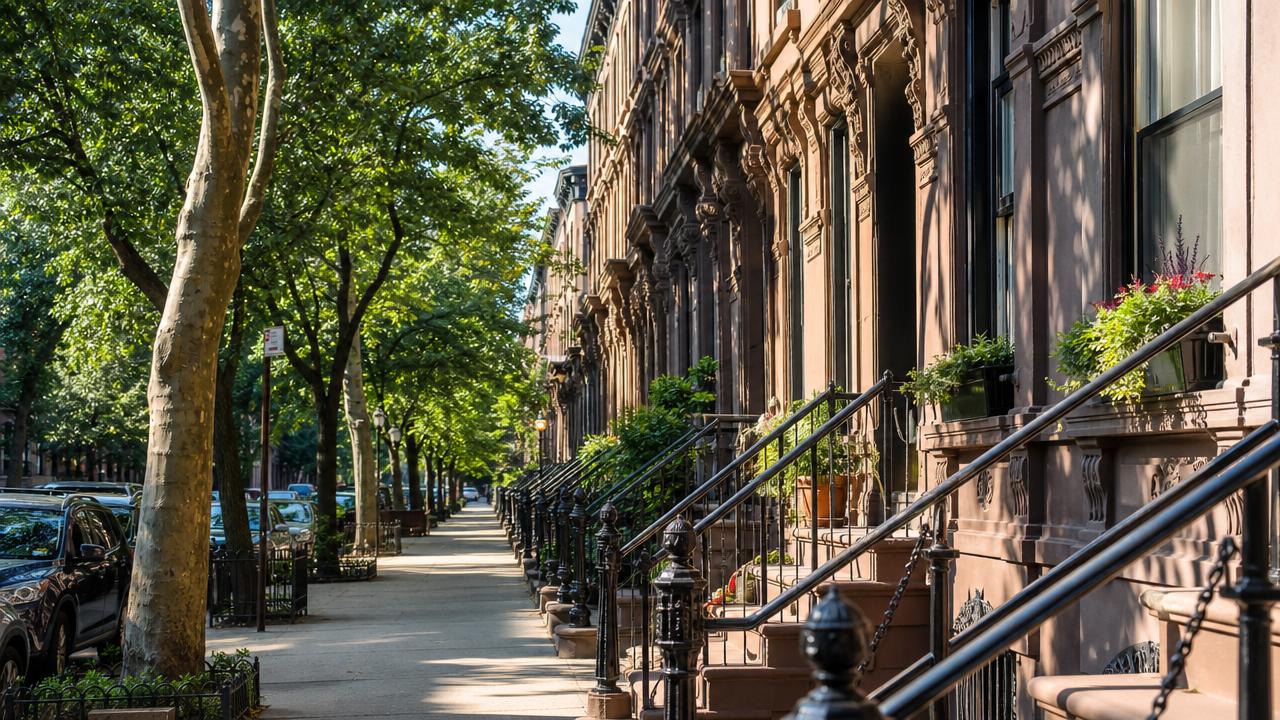 Tree-lined residential street in New York at sunrise.