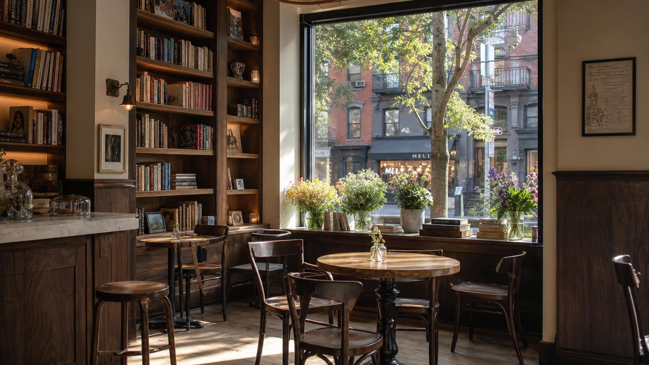 Quiet Manhattan café filled with morning light.