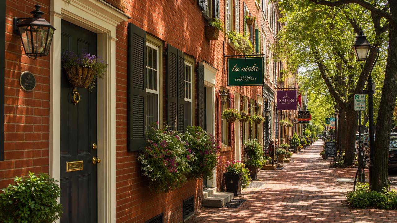 Historic Philadelphia street lined with brick townhouses.