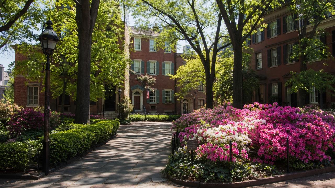 Sunny Philadelphia park surrounded by historic architecture.