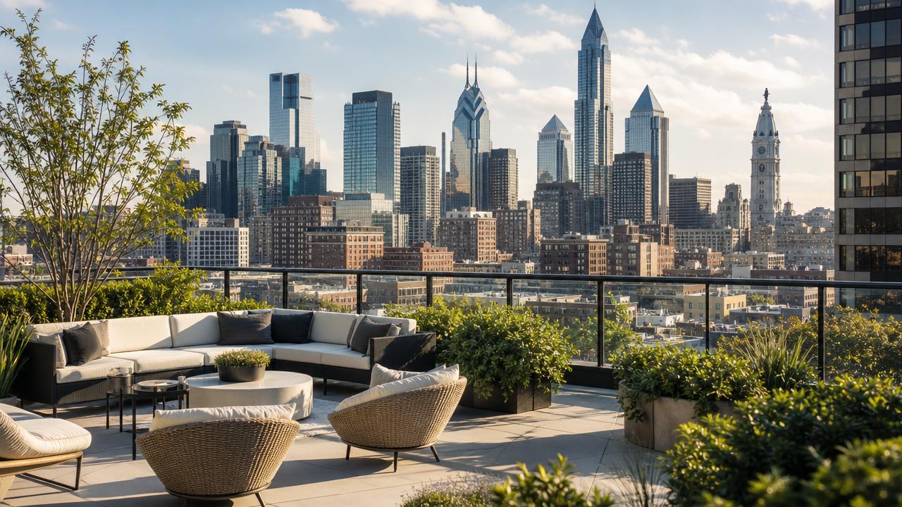 Rooftop terrace overlooking Center City during a weekend getaway.