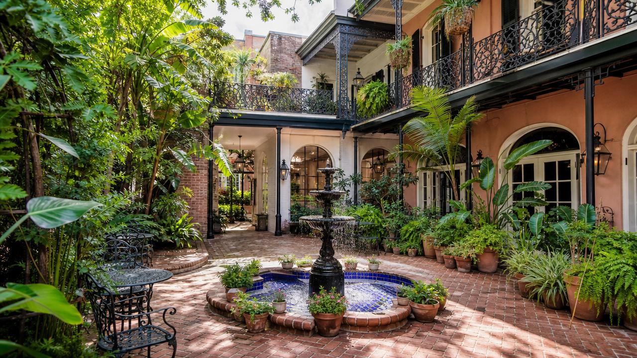 Bright French Quarter courtyard with classic architecture.