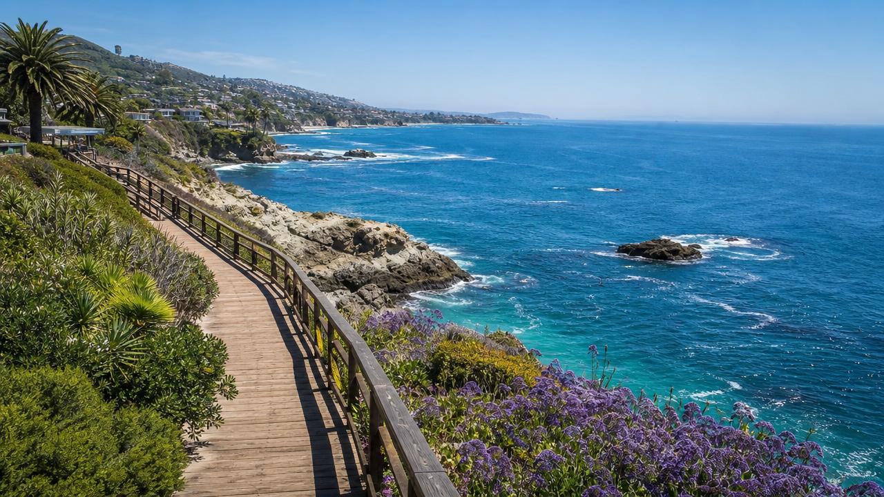 Scenic Laguna Beach coastal boardwalk overlooking the Pacific Ocean on a weekend getaway.