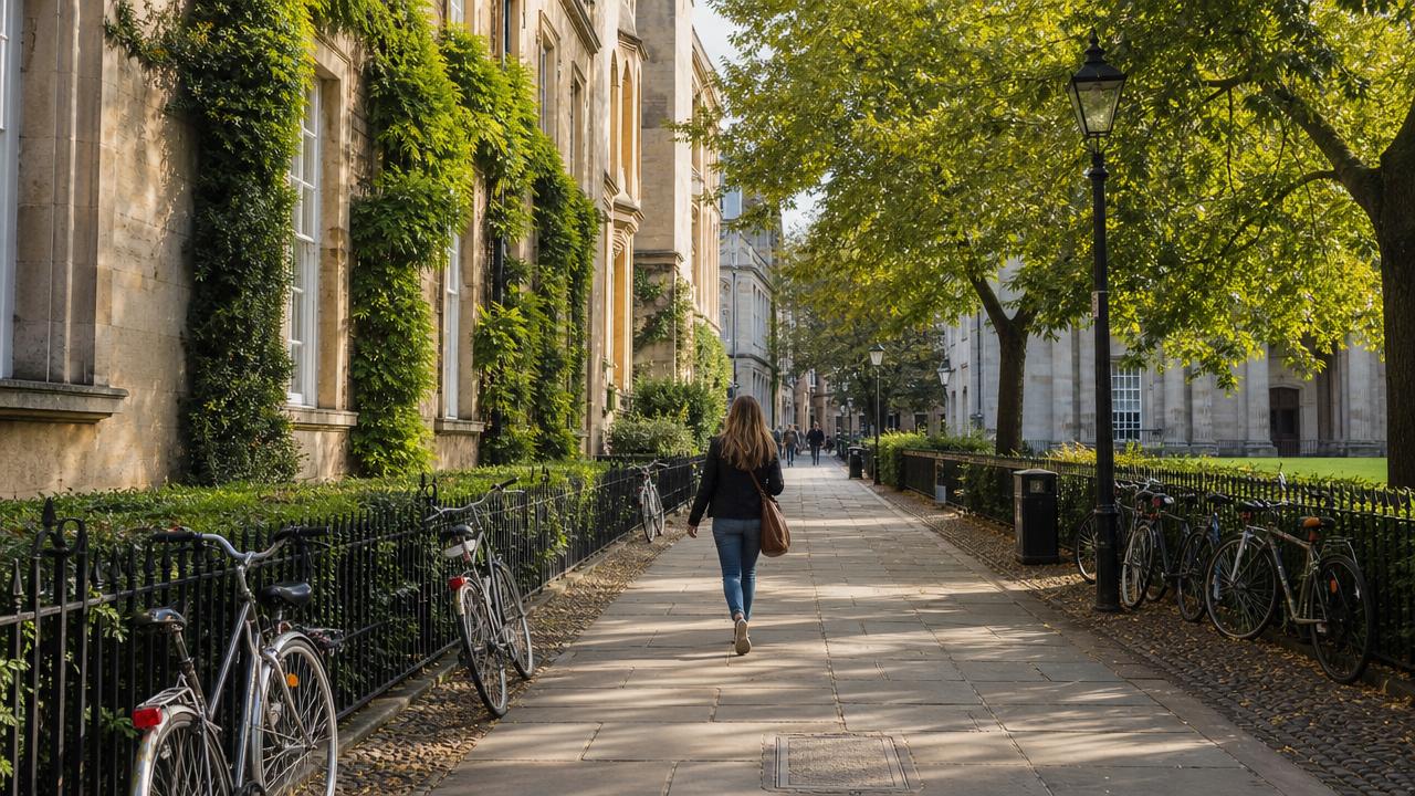 Historic Cambridge street with walkable surroundings, illustrating where to stay in Cambridge beyond the city center.