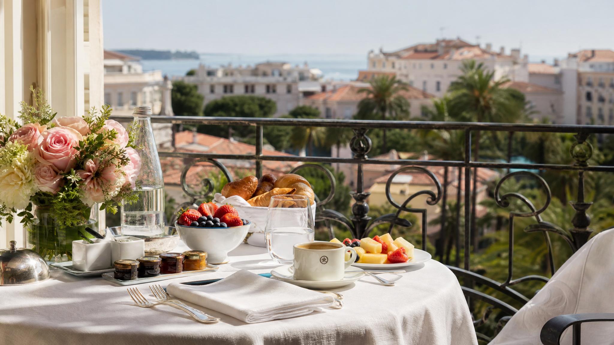 Breakfast setup on a private balcony overlooking Cannes, showing where to stay in Cannes for slower travel.