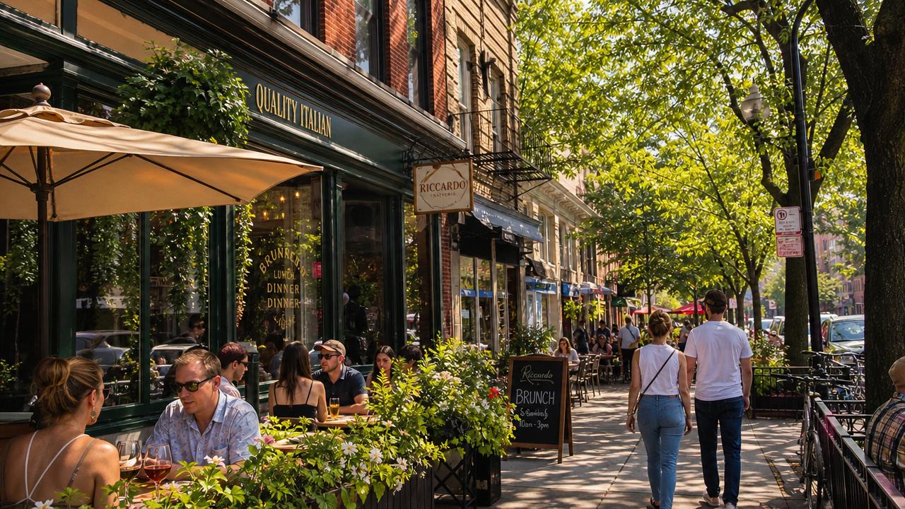 Walkable Chicago neighborhood filled with cafés and restaurants, highlighting where to stay in Chicago.