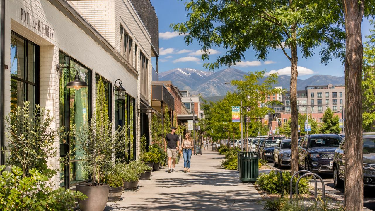 Walkable Denver neighborhood with cafés and mountain scenery, showing where to stay in Denver.