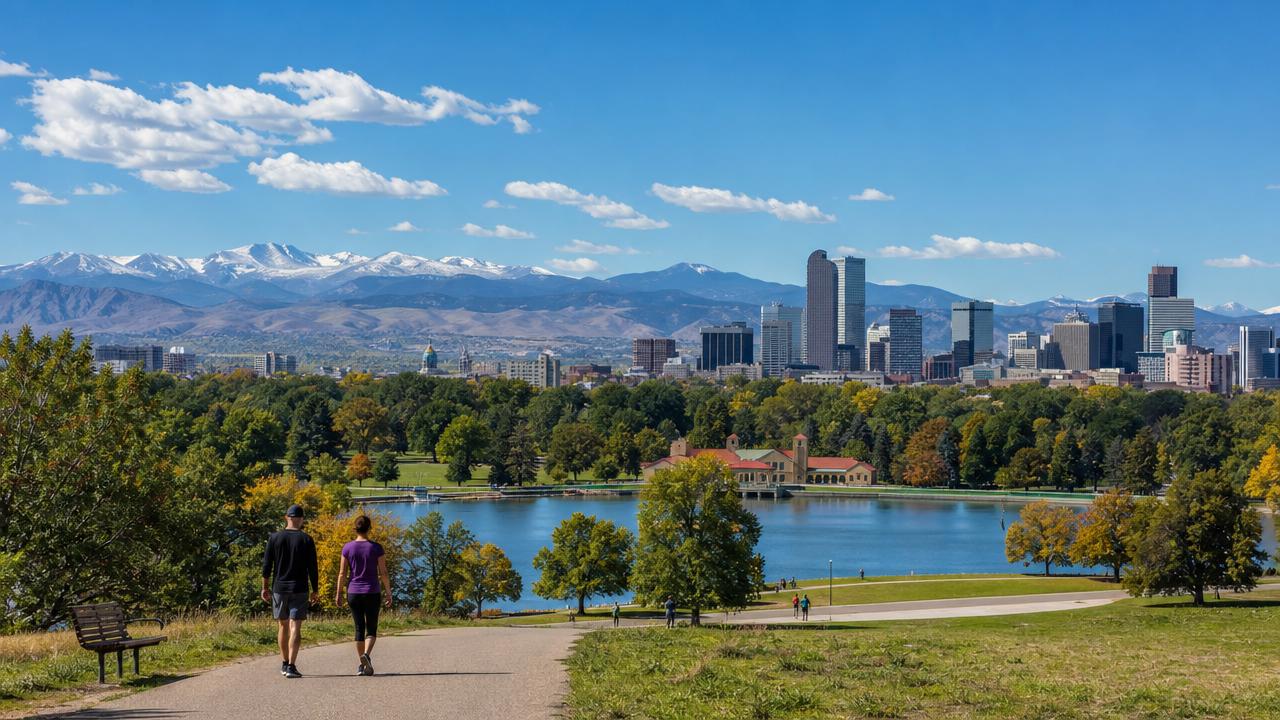 Denver skyline with the Rocky Mountains in the background, highlighting where to stay in Denver.