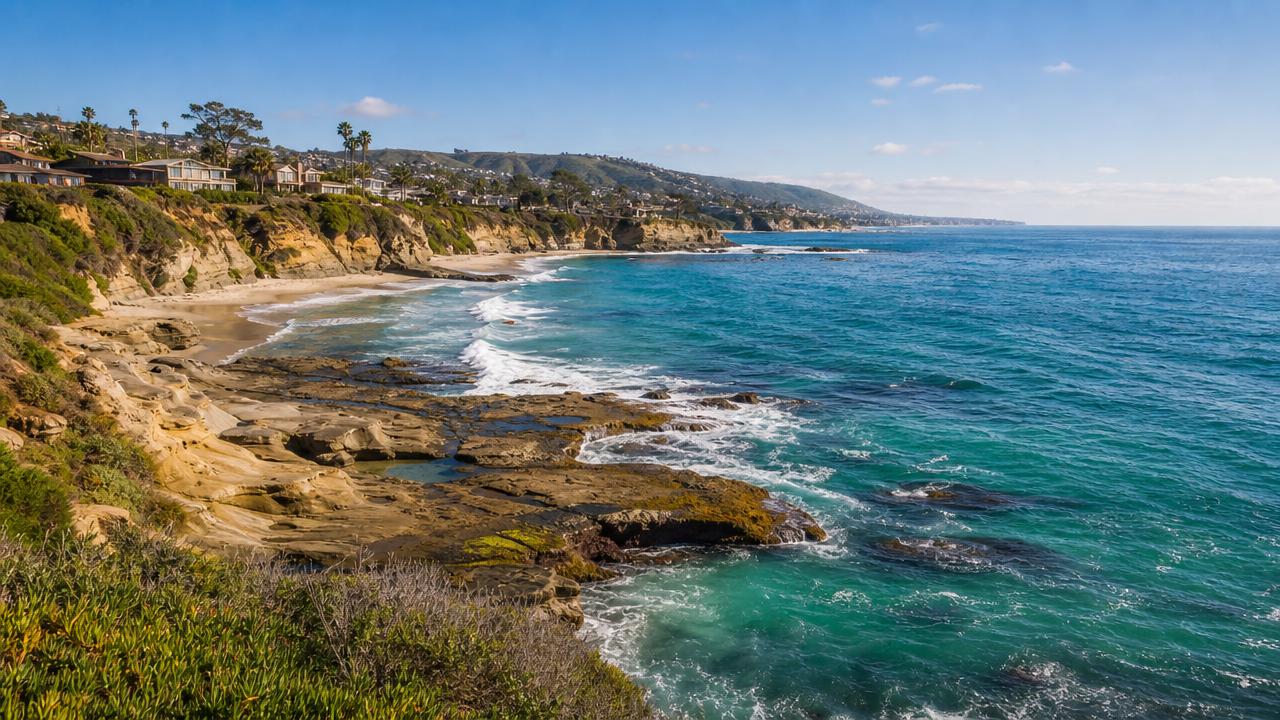 Peaceful Laguna Beach shoreline with cliffs and turquoise water, representing where to stay in Laguna Beach.
