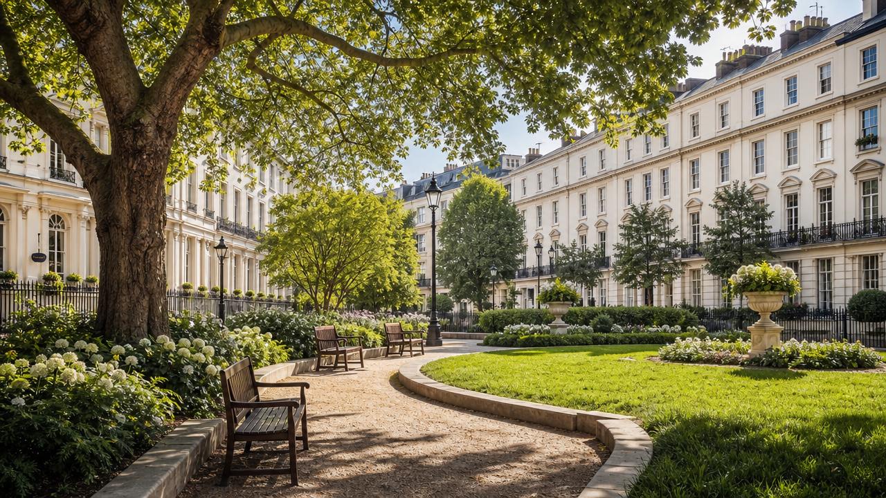 Historic London garden square surrounded by elegant townhouses, highlighting where to stay in London.