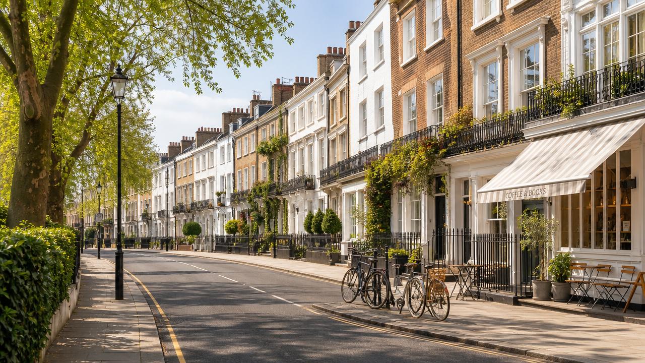Tree-lined London neighborhood with Georgian architecture, showing where to stay in London.