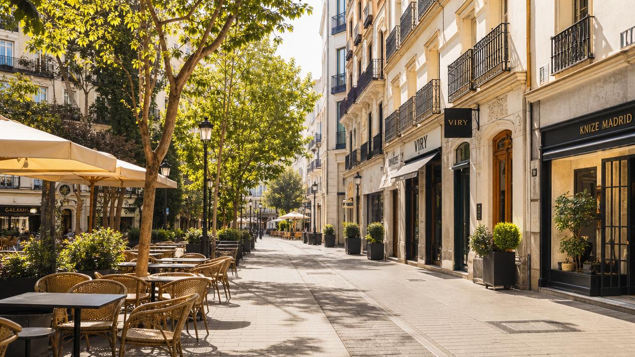 Walkable Madrid boulevard filled with cafés and historic architecture.