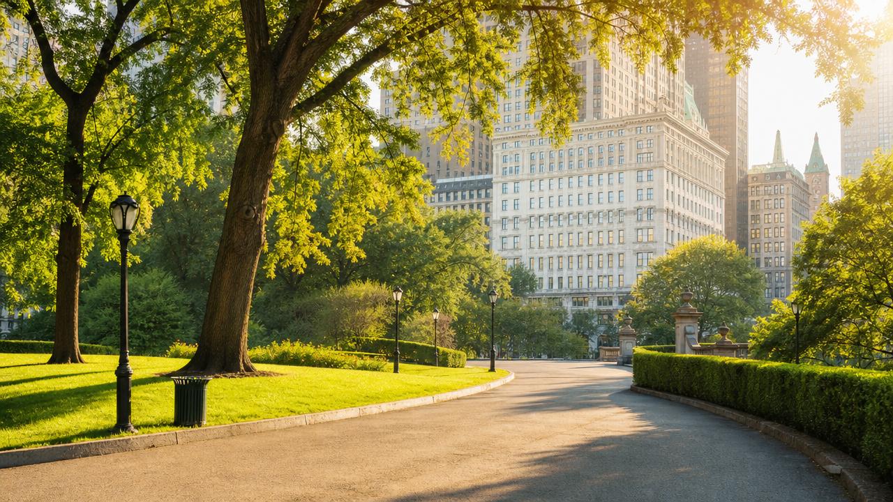Sunny Manhattan park surrounded by classic architecture.