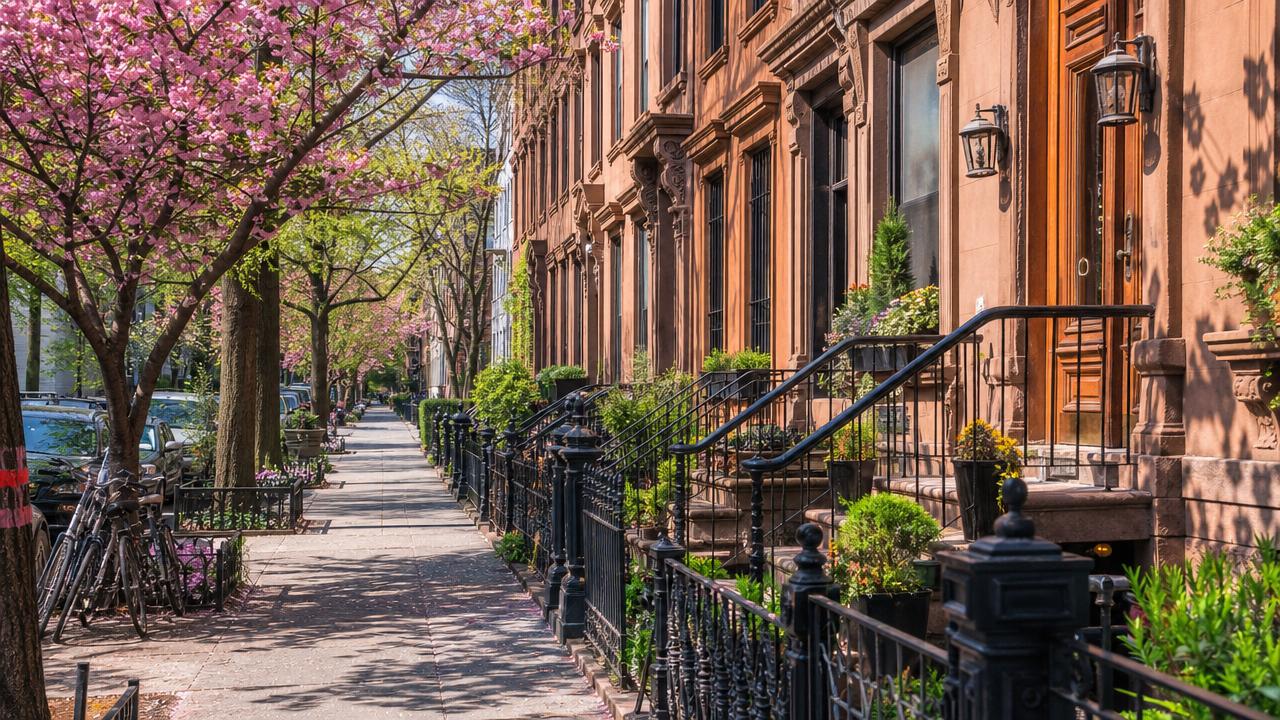Tree-lined New York City street highlighting neighborhood charm.