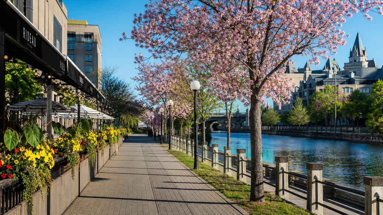 Scenic Rideau Canal walkway in downtown Ottawa.