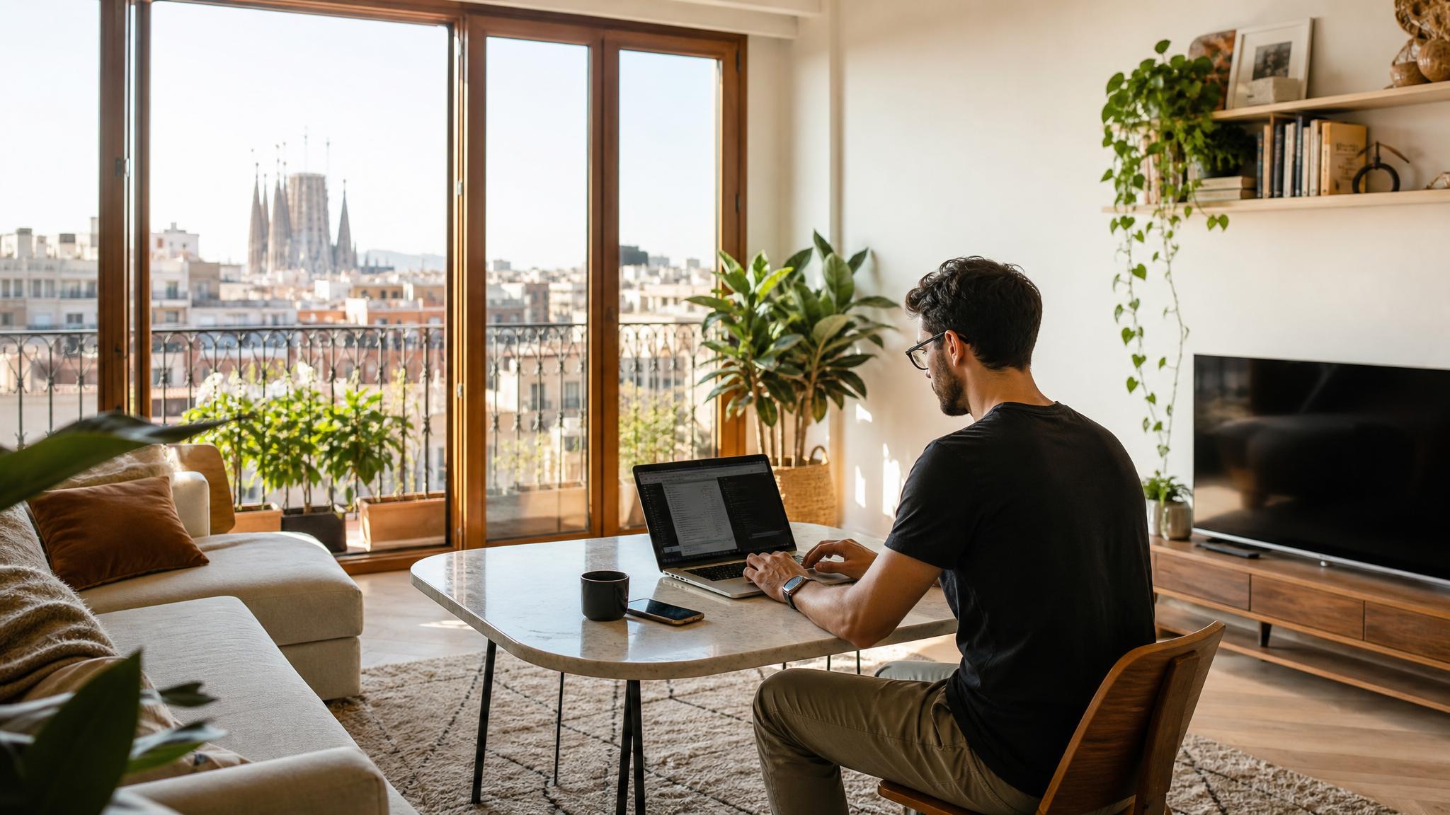 Design-led Barcelona apartment with desk and natural light, ideal for work-friendly stays in Barcelona.