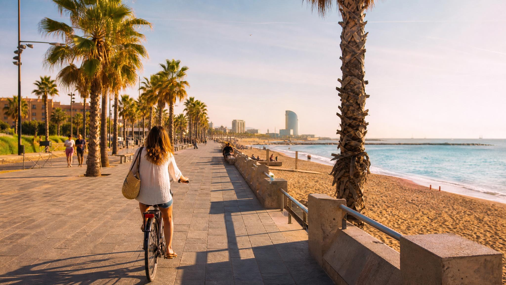 Barcelona beachfront promenade during a quiet morning, complementing work-friendly stays in Barcelona with easy weekend escapes.