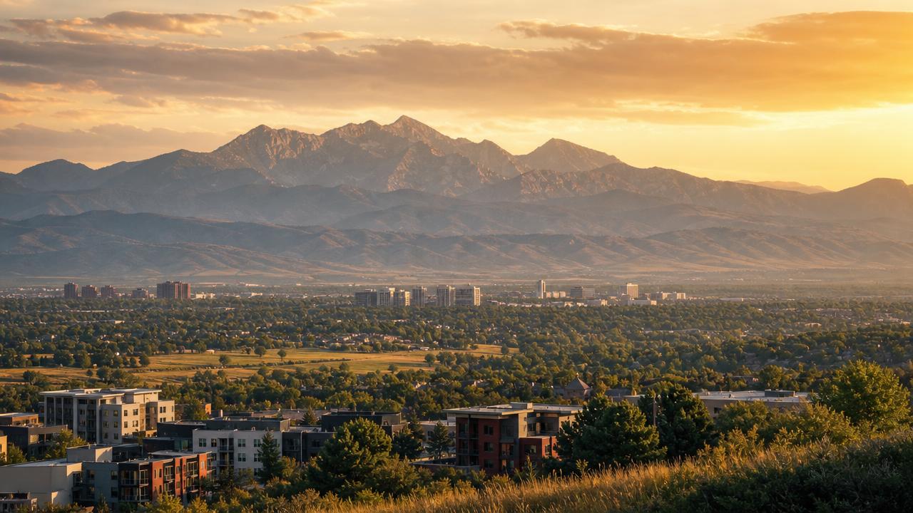Soft sunset over the Rocky Mountains near Denver, showing the natural escape just beyond the city’s edge.