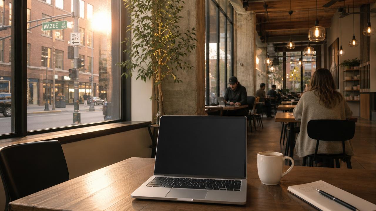 Morning light in Denver’s LoDo district showing a calm café workspace that reflects the city’s work-friendly rhythm.