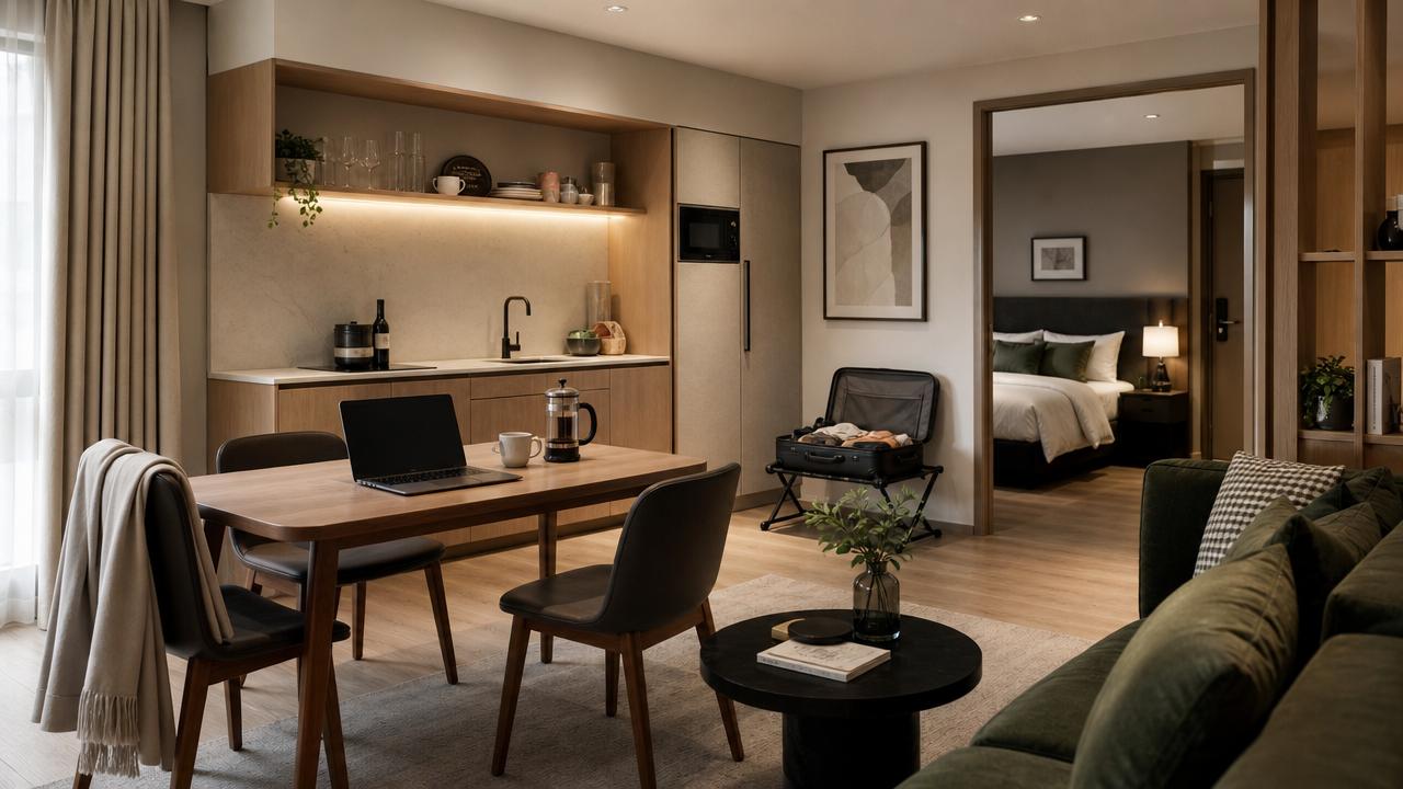 Modern aparthotel interior designed for extended stays, combining work, dining, and relaxation in one seamless residential space.