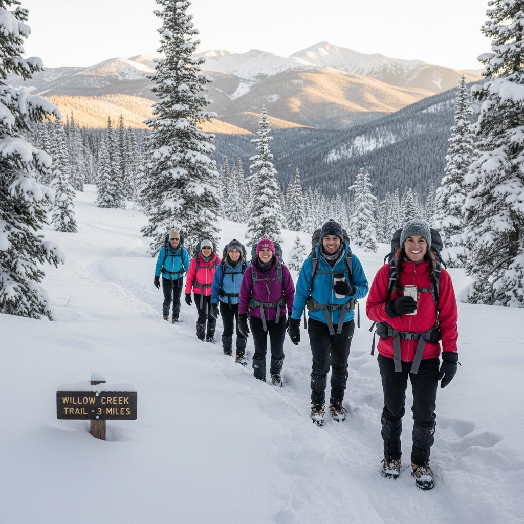 Tourists hiking snowy landscapes in Taos, exploring scenic mountain trails and enjoying fresh winter air.