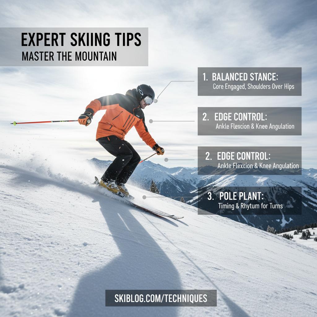 Dynamic winter sports photography illustrating expert skiing tips and techniques, ideal for ski blog content.