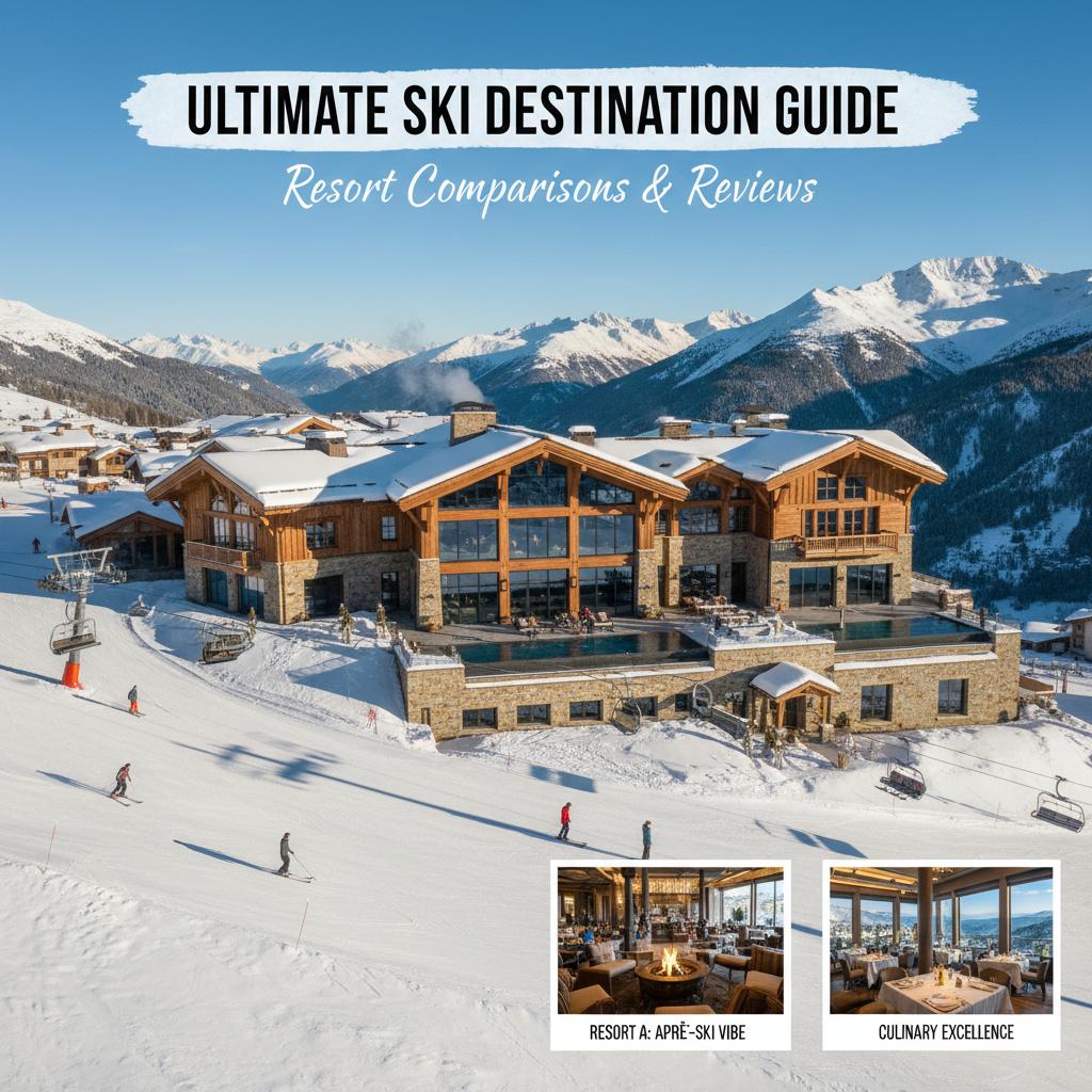 Travel planning photography for a ski destination guide, focusing on resort comparisons and reviews for winter travel.