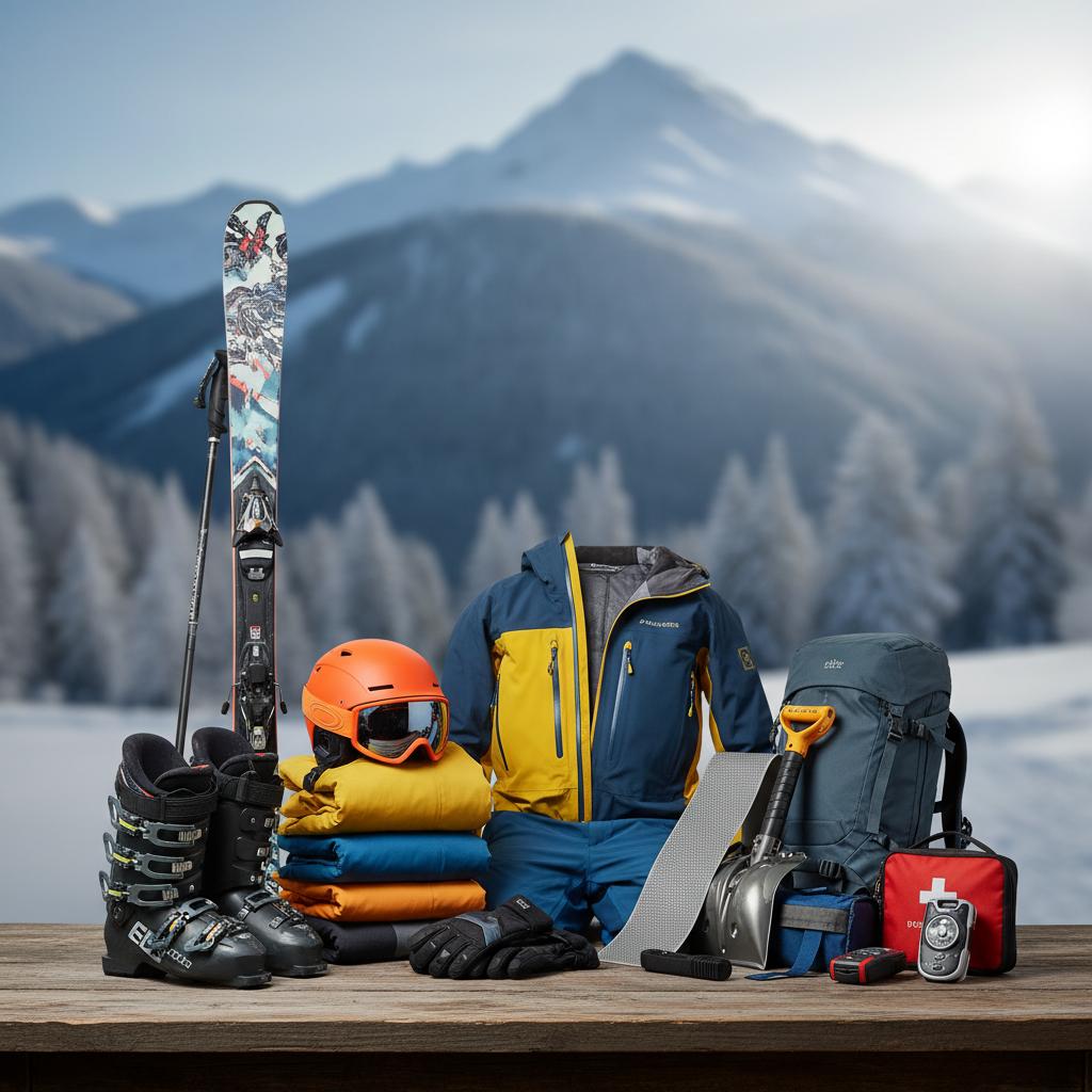 Showcase of winter gear and equipment for skiing, highlighting professional photography of essential ski products.