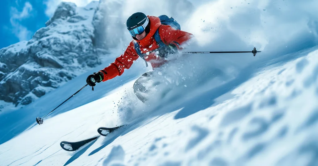 a skier going down a steep slope in a ski chalet